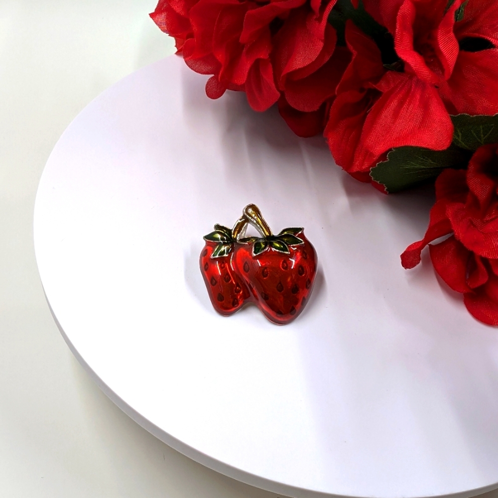 Juicy and Cute Red Enamel Strawberries Vintage Pendant and Brooch